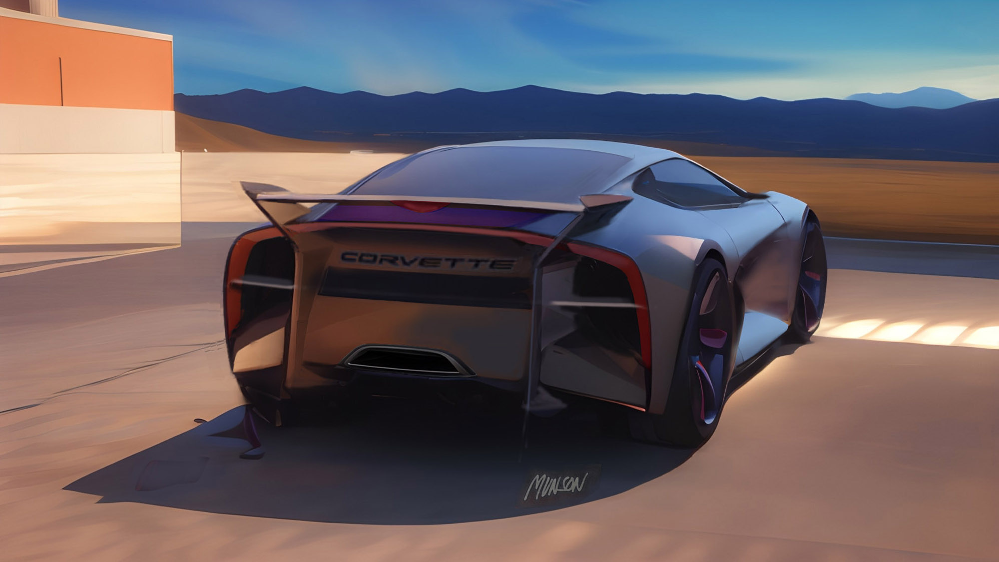 Chevrolet Corvette supercar concept rear 3/4 view using Photoshop and Vizcom.ai