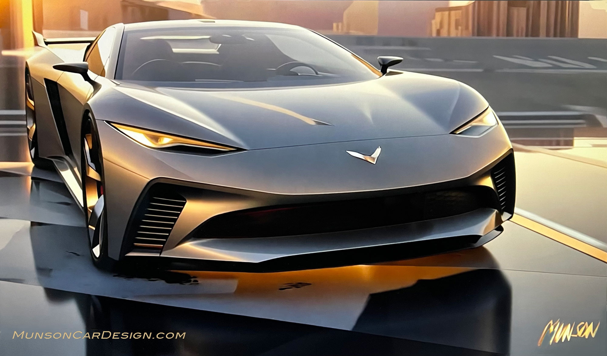 Chevrolet Mid-Engine Corvette concept front 3/4 view using Adobe Photoshop, Vizcom.ai and Runway ML