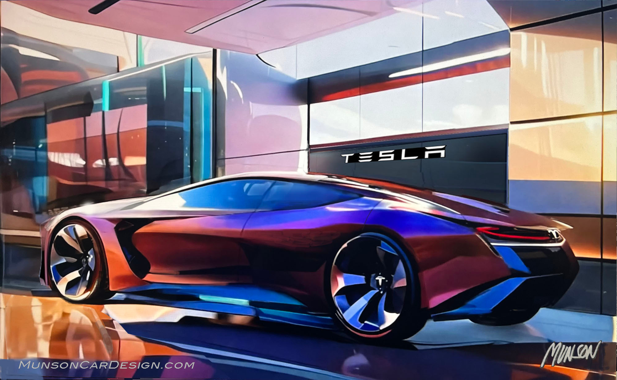 Tesla sedan concept car rear 3/4 using Adobe Photoshop, Vizcom.ai, Sora and Runway ML