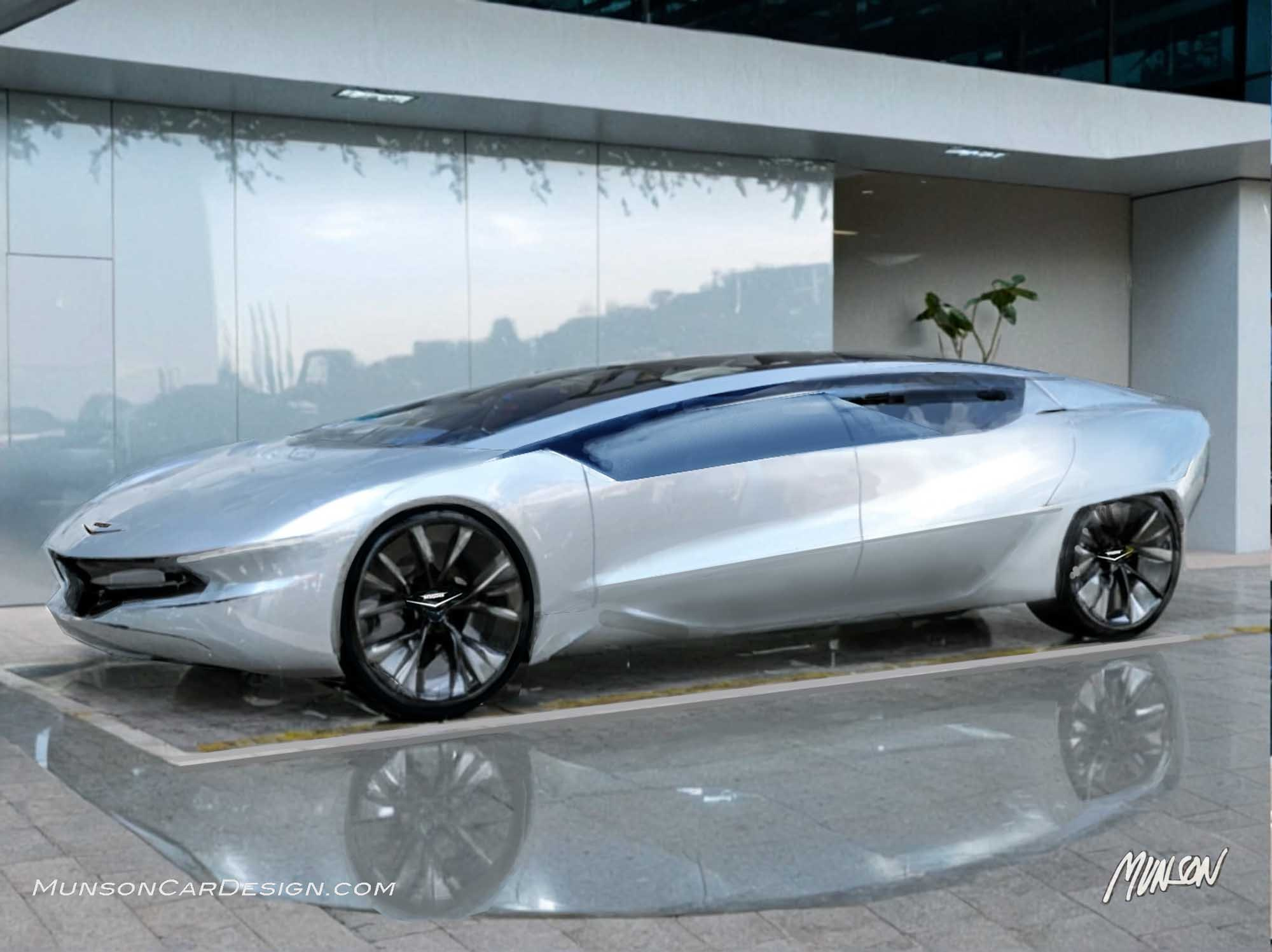 Retro- Futuristic Cadillac front 3/4 exterior concept car using Adobe Photoshop and Vizcom.ai