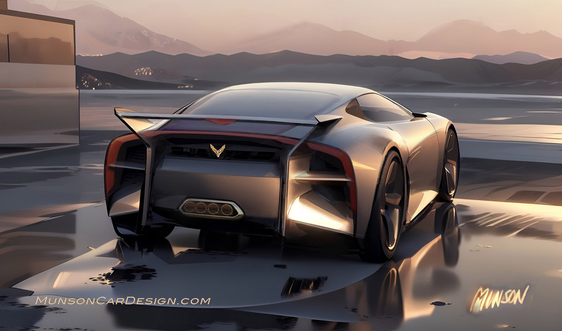 Chevrolet Corvette supercar concept rear 3/4 view using Photoshop and Vizcom.ai